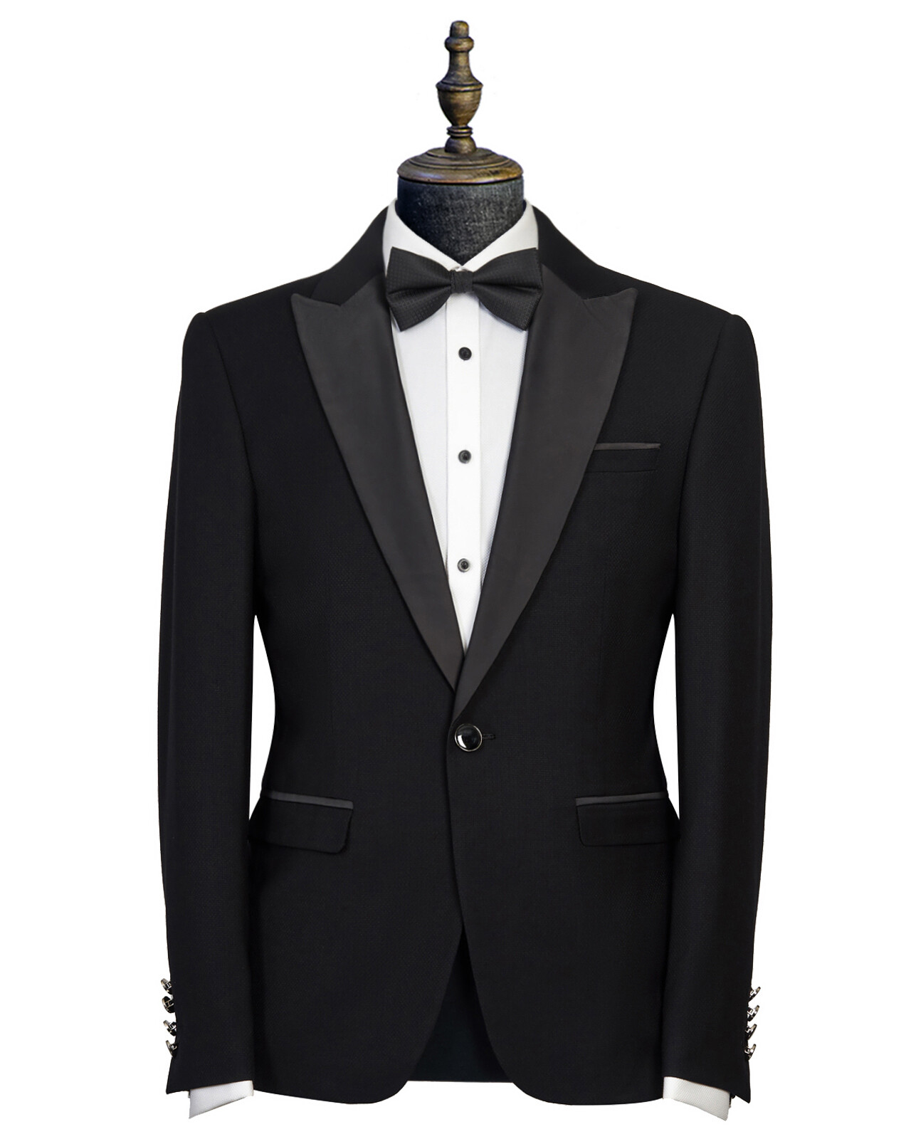 Entry level skinny-fit black tuxedo made from a non-wool fabric