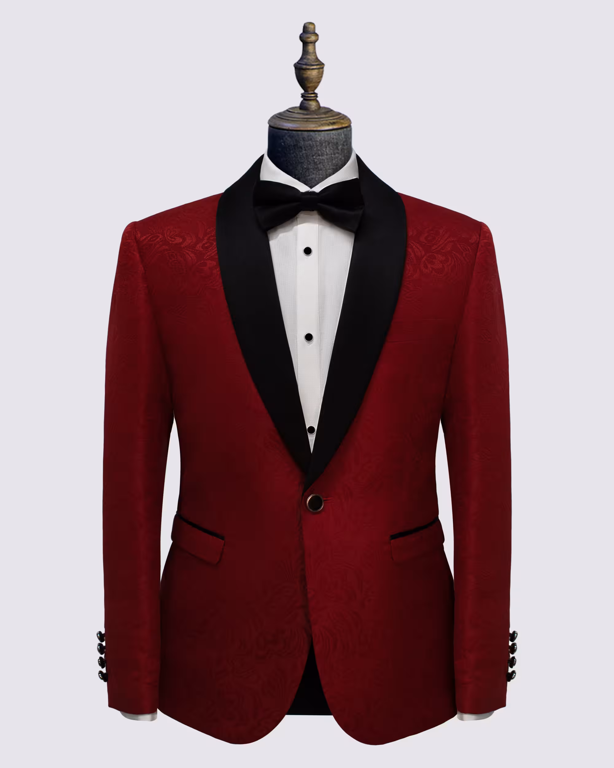 Men's red paisley dinner jacket with a black satin shawl lapel and black bow tie, single-button slim-fit tuxedo - Black Jacket Suiting Brisbane