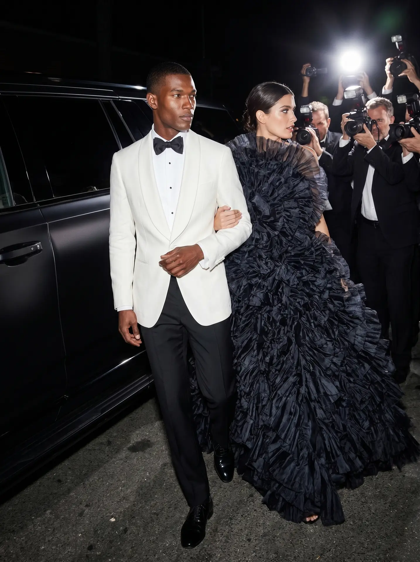 Men's ivory shawl-lapel dinner jacket with a black bow tie and black trousers, slim-fit tuxedo on the red carpet - Black Jacket Suiting Brisbane