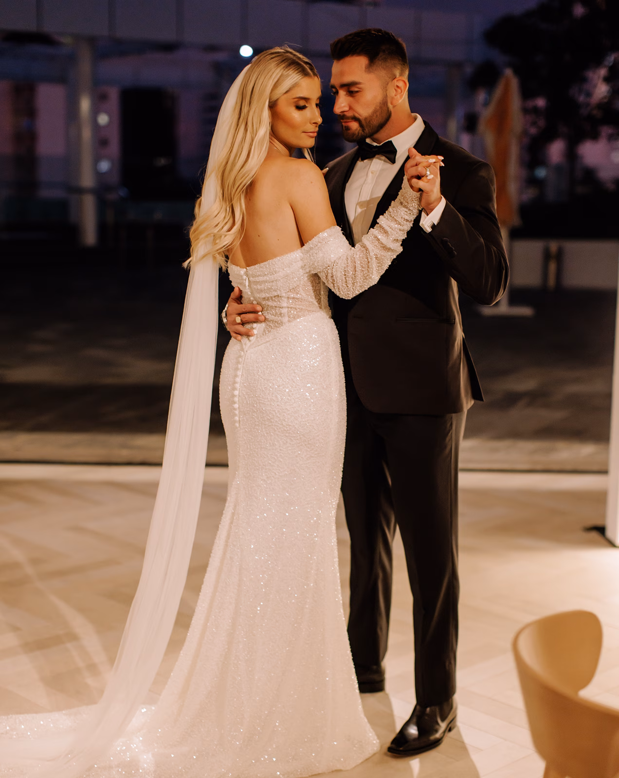 Evening dance, bride and groom wearing suits by Black Jacket Suiting Brisbane.