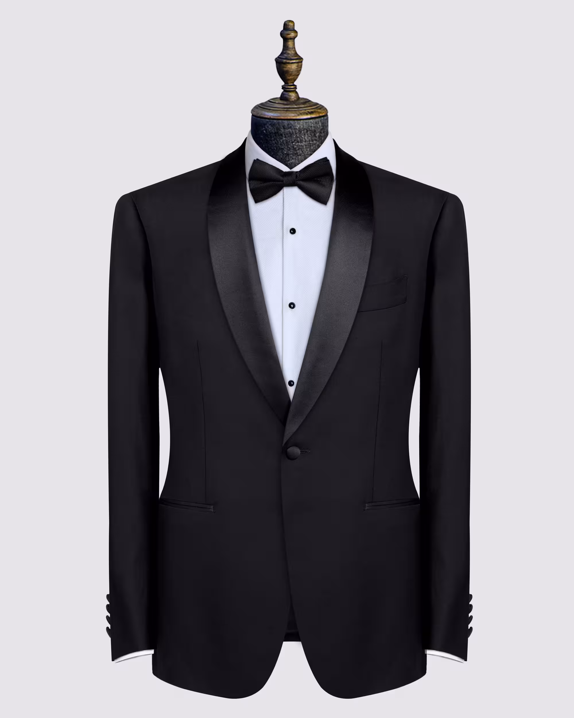 Men's black shawl-lapel dinner jacket with a black bow tie and white shirt, single-button slim-fit tuxedo - Black Jacket Suiting Brisbane