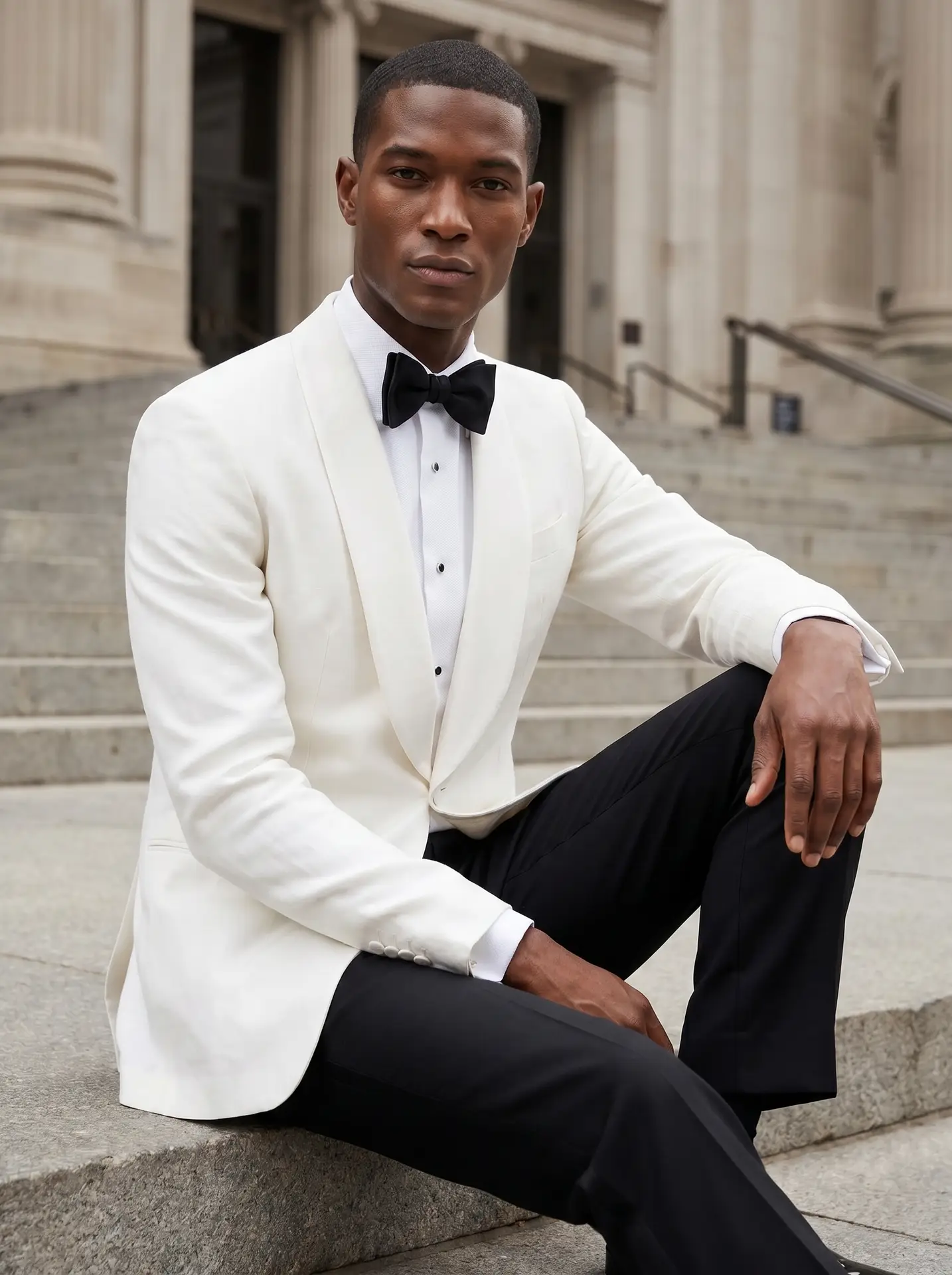 Men's ivory shawl-lapel dinner jacket with a black bow tie and black trousers, seated in a slim-fit tuxedo - Black Jacket Suiting Brisbane