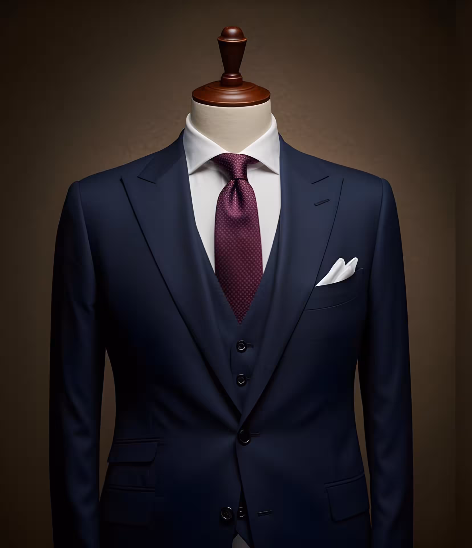 Navy three-piece suit with white shirt, burgundy tie and pocket square on a mannequin form, tailored by Black Jacket Suiting in Brisbane
