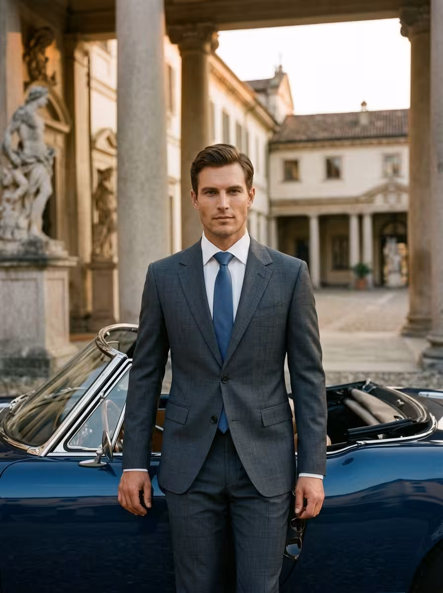 Man wearing a grey-blue single-breasted suit with notch lapels, white shirt and blue tie, beside a vintage convertible - Black Jacket Suiting Brisbane