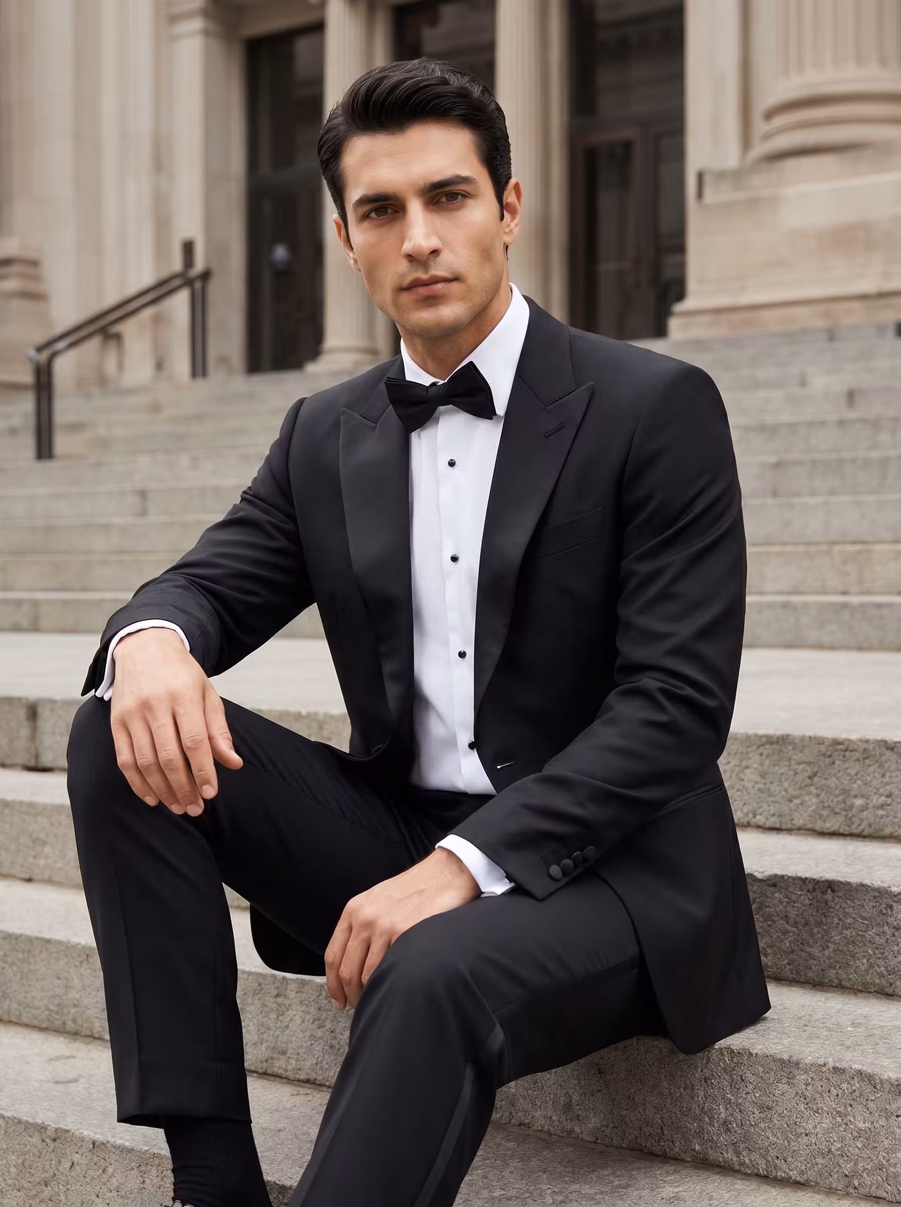 Rembrandt Trace Black Peak Lapel Tuxedo-Siiting on Stairs